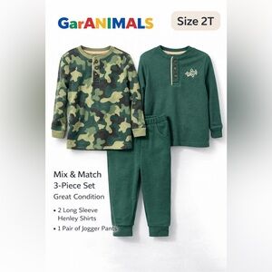 GarANIMALS 3-Piece Toddler Outfit | Camo + Airplane Henley Tops & Pants | 2T